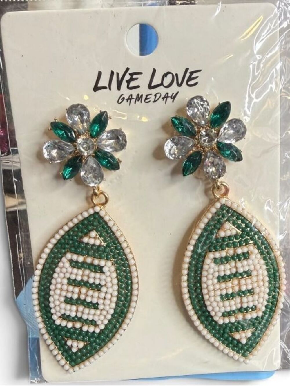 Live Love Gameday Green White Football Beaded Rhinestone Earrings NWT